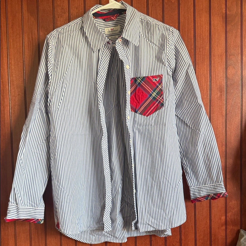 Vineyard Vines Blue Striped Shirt with Red Plaid Accents
